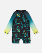 One-Piece Long Sleeve Rashguard Black Surf Print - H30OB25B_3H167