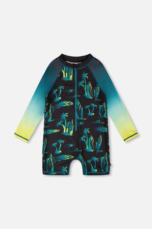 One-Piece Long Sleeve Rashguard Black Surf Print - H30OB25B_3H167