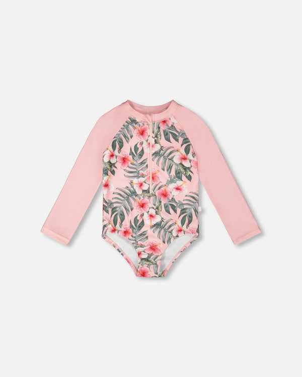 One-Piece Long Sleeve Rashguard Pink Hibiscus Print - H30OG21_3H152