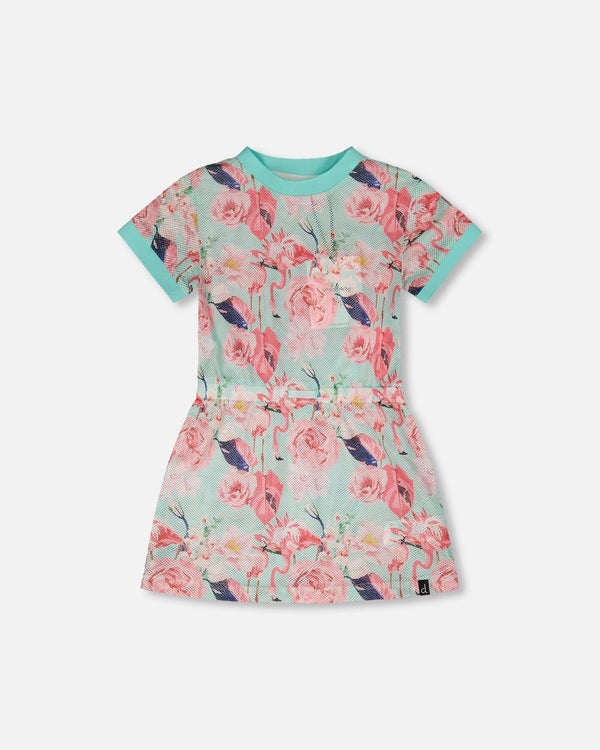 Mesh Beach Dress Blue Flamingo Print - H30OG30_3H154