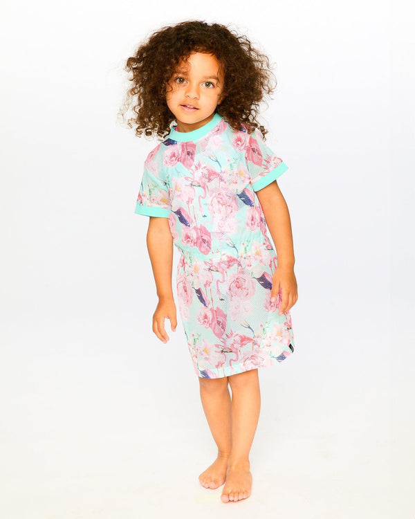 Mesh Beach Dress Blue Flamingo Print - H30OG30_3H154