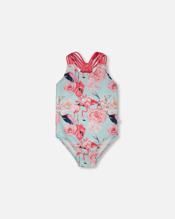 One-Piece Swimsuit Blue Flamingo Print - H30OG31_3H154