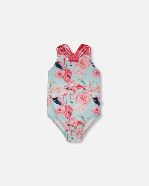 One-Piece Swimsuit Blue Flamingo Print - H30OG31_3H154