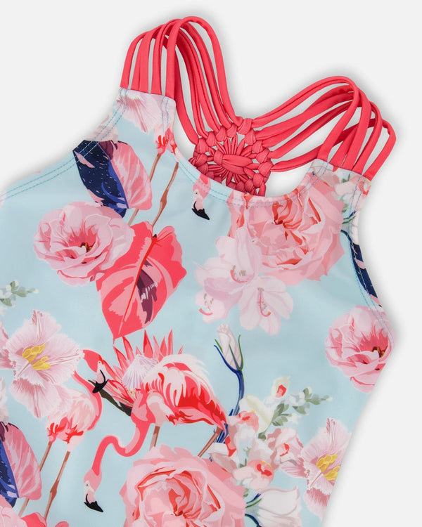 One-Piece Swimsuit Blue Flamingo Print - H30OG31_3H154