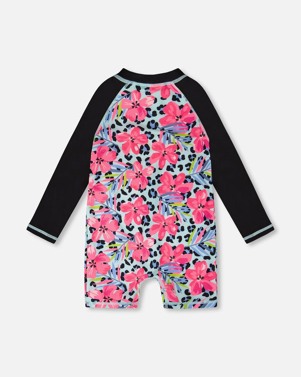 One-Piece Long Sleeve Rashguard Blue Floral And Leopard Print - H30OG41_3H155