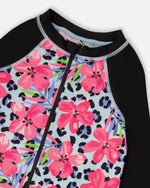 One-Piece Long Sleeve Rashguard Blue Floral And Leopard Print - H30OG41_3H155