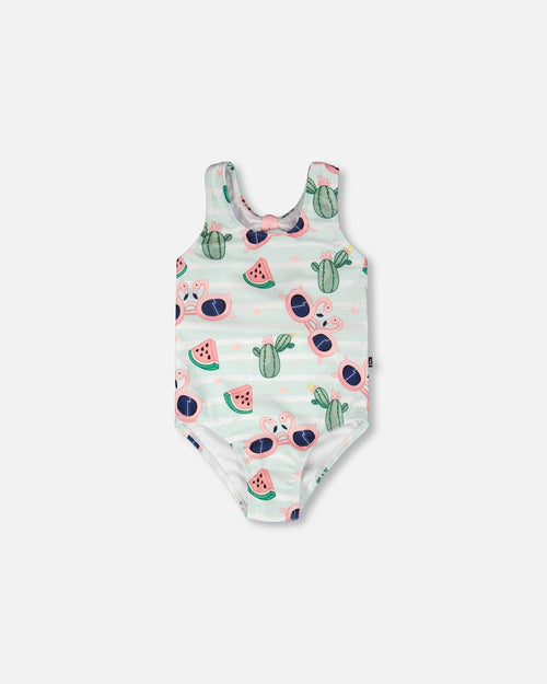 One-Piece Swimsuit Blue Flamingo And Cactus Print - H30OG64_3H151