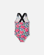 One-Piece Swimsuit Blue Floral And Leopard Print - H30OG91_3H155