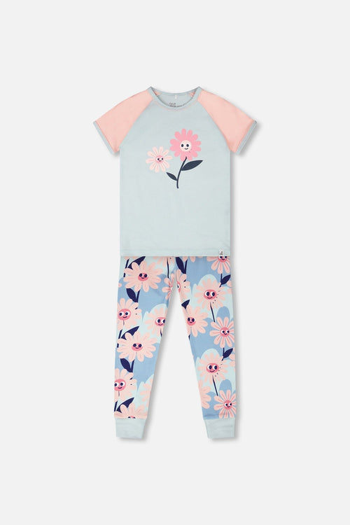 Organic Cotton Two-Piece Pyjama Set Blue Smiling Flower Print - H30PG12US_3H095