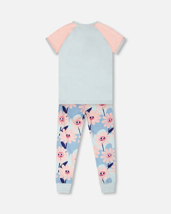 Organic Cotton Two-Piece Pyjama Set Blue Smiling Flower Print - H30PG12US_3H095