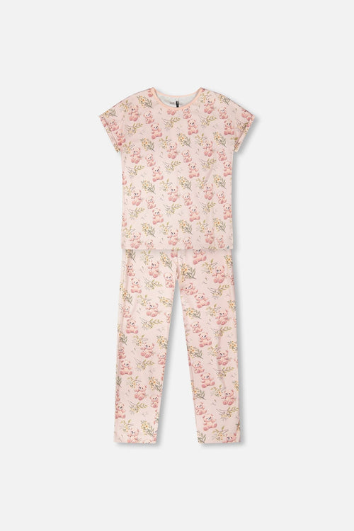 Organic Cotton Women Two-Piece Pyjama Set Pale Pink Bear Print - H30PG14_3H094