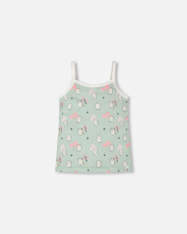Organic Cotton Tank Underwear Green Kitten Print - H30PG70_3H093