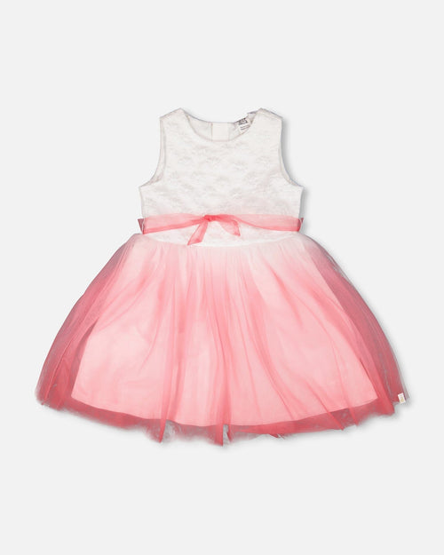 Bi-Material Pleated Mesh Dress White And Pink - H30Q93_01000