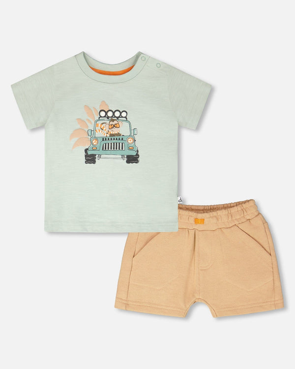 Organic Cotton T-Shirt And Short Set Mint Green And Beige - H30S10_03260