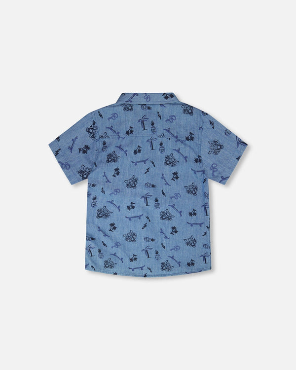 Chambray Short-Sleeve Shirt Blue Printed Skateboards - H30U15_3H114