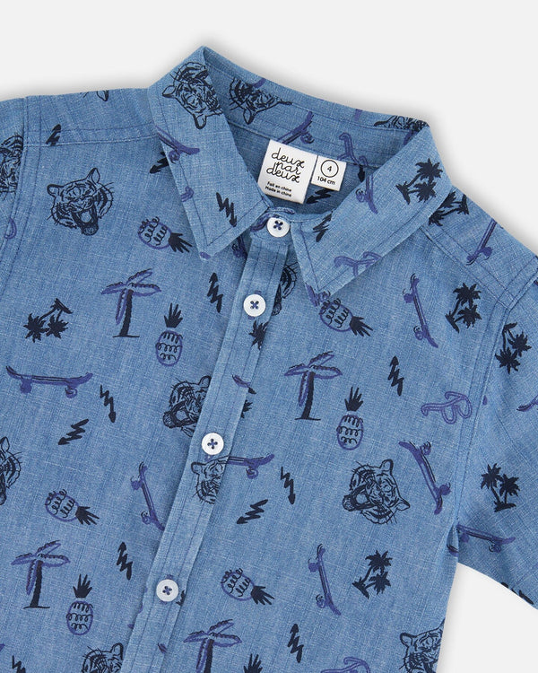 Chambray Short-Sleeve Shirt Blue Printed Skateboards - H30U15_3H114