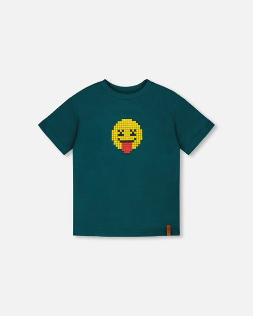 Organic Cotton Jersey T-Shirt With Print Dark Turquoise - H30U74_03890