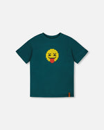Organic Cotton Jersey T-Shirt With Print Dark Turquoise - H30U74_03890