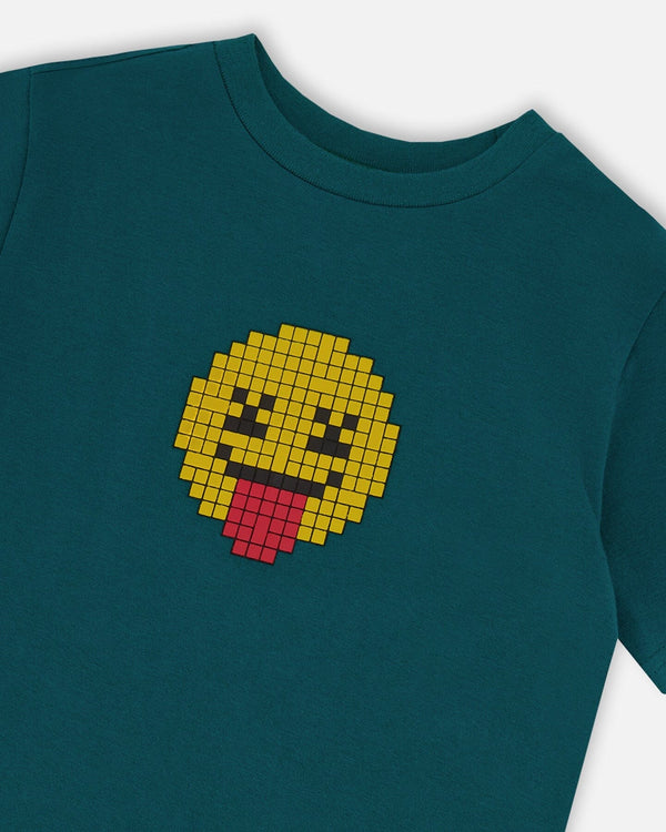 Organic Cotton Jersey T-Shirt With Print Dark Turquoise - H30U74_03890