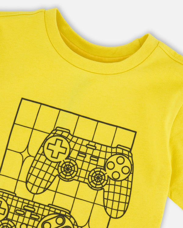 Organic Cotton Jersey T-Shirt With Gamer Print Yellow - H30U78_02200
