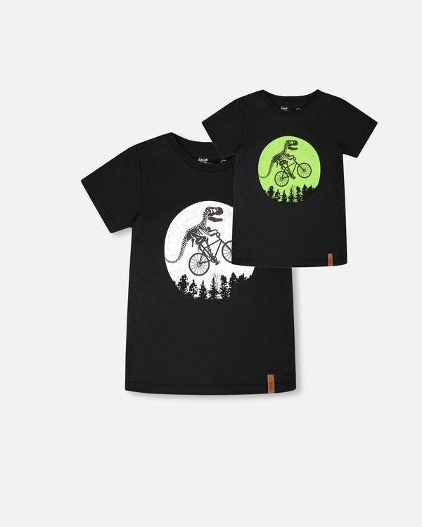 Organic Cotton Jersey T-Shirt With Dino On Bike Print Black - H30U79_09990