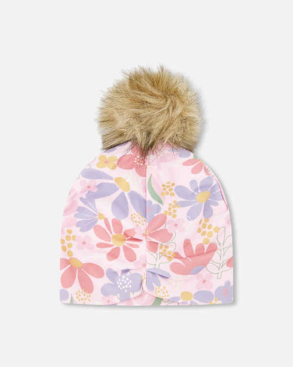 Stretch Jersey Hat Pink Flower Print With Pompom - H30W20_3H004