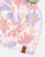 Stretch Jersey Hat Pink Flower Print With Pompom - H30W20_3H004