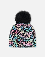 Stretch Jersey Hat Black Animal Print With Pompom - H30W20_3H010