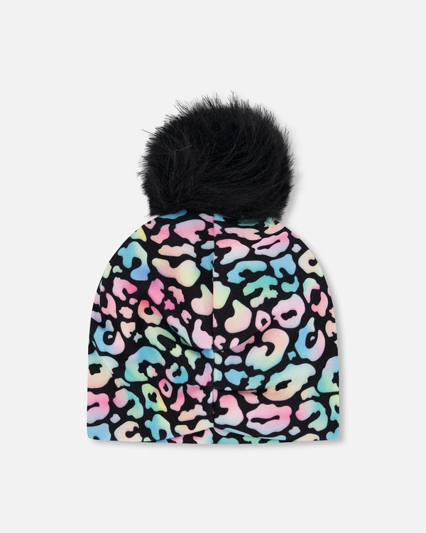 Stretch Jersey Hat Black Animal Print With Pompom - H30W20_3H010