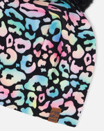 Stretch Jersey Hat Black Animal Print With Pompom - H30W20_3H010