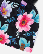Stretch Jersey Hat Black Printed Flowers With Pompom - H30W20_3H011