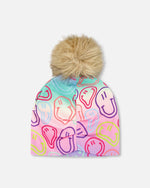 Stretch Jersey Hat Multicolored Printed Smileys With Pompom - H30W20_3H017