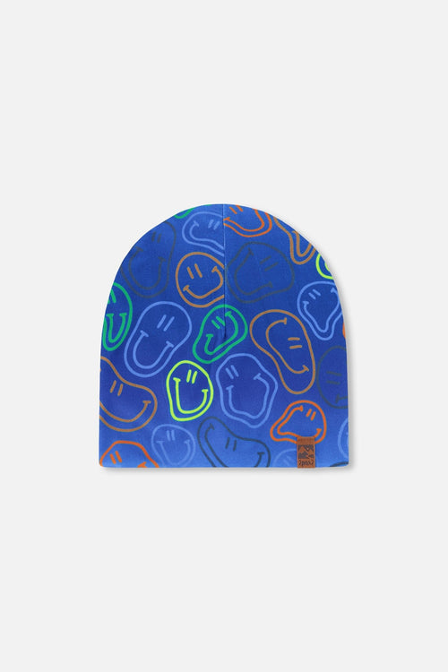 Stretch Jersey Beanie Blue Printed Smileys - H30W22_3H030