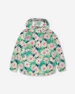 Packable Windbreaker In Polyester Green Smiling Flower Print Outerwear Deux par Deux