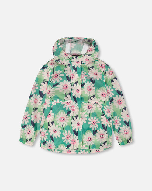 Packable Windbreaker In Polyester Green Smiling Flower Print Outerwear Deux par Deux