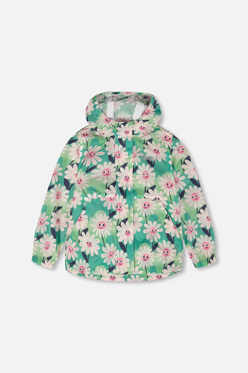 Packable Windbreaker In Polyester Green Smiling Flower Print Outerwear Deux par Deux