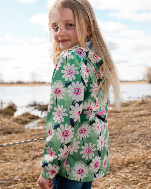 Packable Windbreaker In Polyester Green Smiling Flower Print Outerwear Deux par Deux