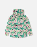 Packable Windbreaker In Polyester Green Smiling Flower Print Outerwear Deux par Deux