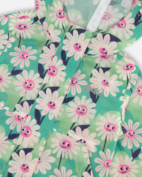 Packable Windbreaker In Polyester Green Smiling Flower Print Outerwear Deux par Deux