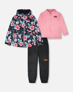 3-In-1 Two-Piece Mid-Season Outerwear Set Black Printed Flowers - Pink Inner Jacket - H30W54_3H011