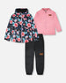 3-In-1 Two-Piece Mid-Season Outerwear Set Black Printed Flowers - Pink Inner Jacket - H30W54_3H011