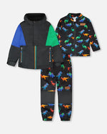 3-In-1 Two-Piece Mid-Season Outerwear Set Black Dinosaur Print - H30W56_09990