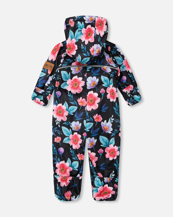 Baby Mid-Season One-Piece Outerwear With Hat Black Printed Flowers - H30W64_3H011