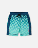 Athletic Shorts In Recycled Polyester Teal Printed Checkerboard - H30XB26_3H190