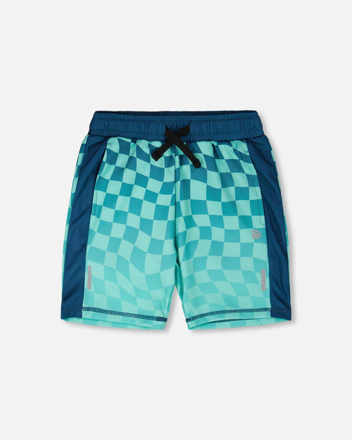 Athletic Shorts In Recycled Polyester Teal Printed Checkerboard - H30XB26_3H190