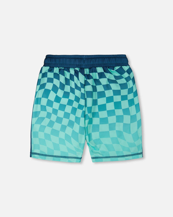 Athletic Shorts In Recycled Polyester Teal Printed Checkerboard - H30XB26_3H190