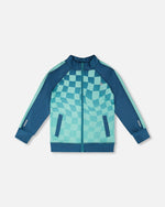 Full Zip Athletic Cardigan In Recycled Polyester Teal Printed Checkerboard - H30XB30_3H190