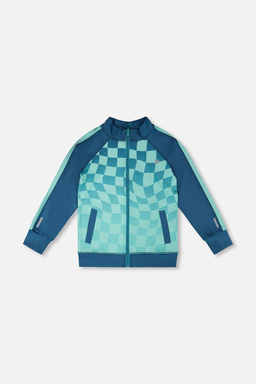 Full Zip Athletic Cardigan In Recycled Polyester Teal Printed Checkerboard - H30XB30_3H190