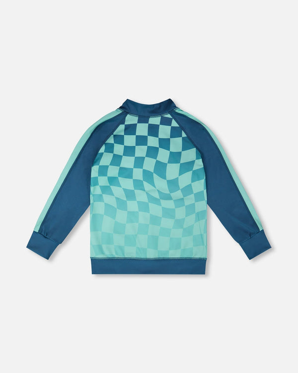 Full Zip Athletic Cardigan In Recycled Polyester Teal Printed Checkerboard - H30XB30_3H190