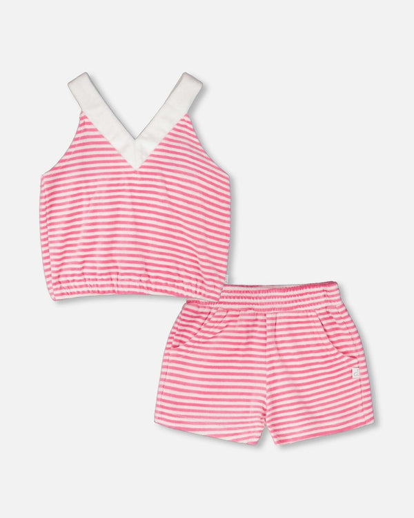 Striped Terry Cloth Top And Short Set White And Pink - H30YG10_3H122